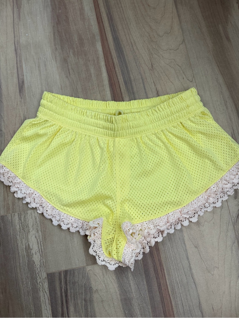 FP Movement by Free People Yellow Mesh Shorts with Cream Lace Trim